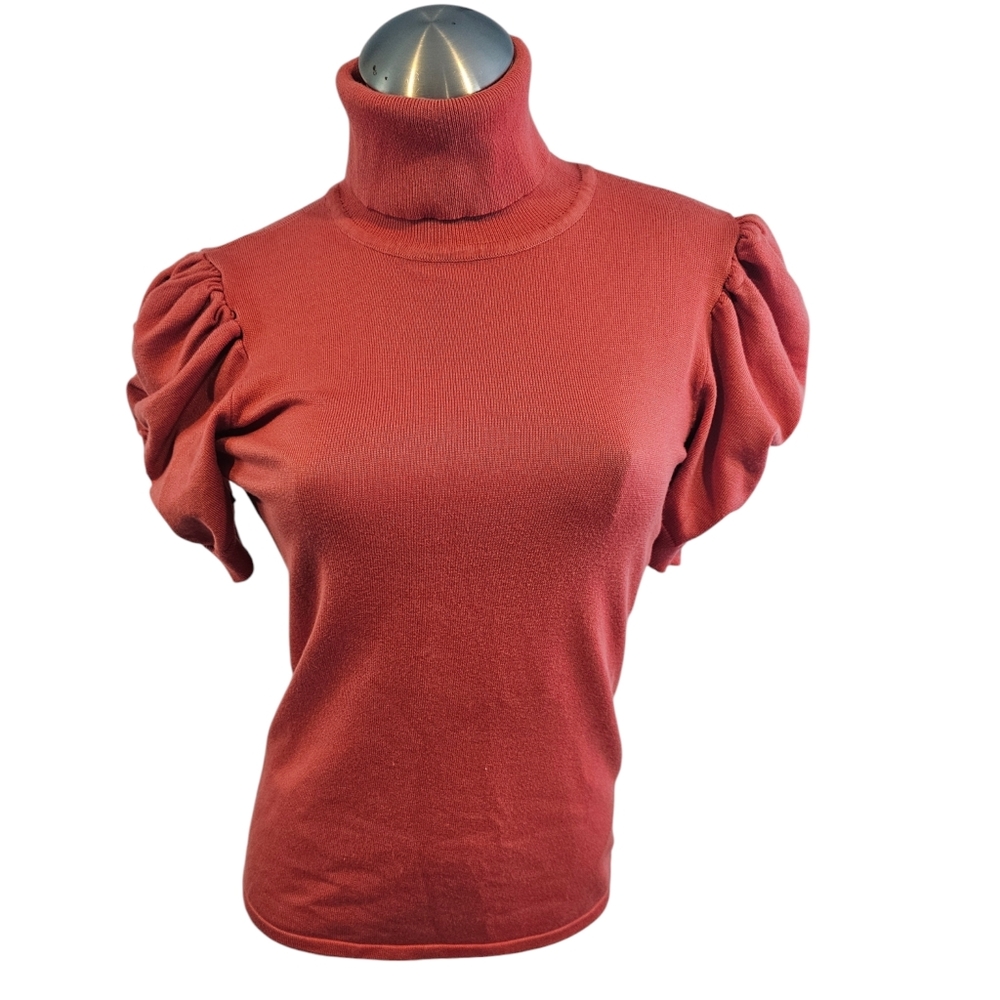Women's Rust Puff-Sleeve Turtleneck Sweater